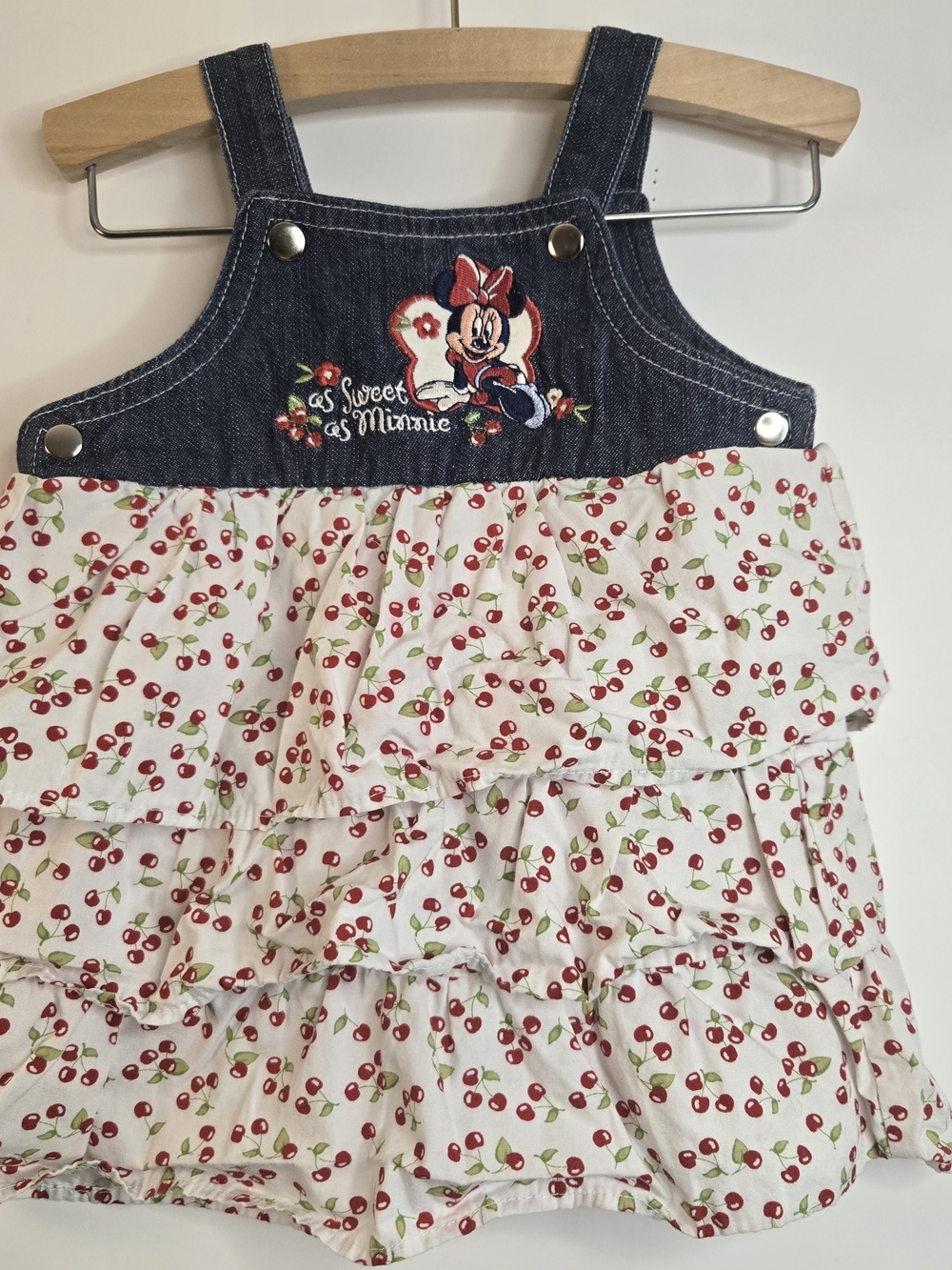 Disney Denim-Top Minnie Romper with Red Cherry Print